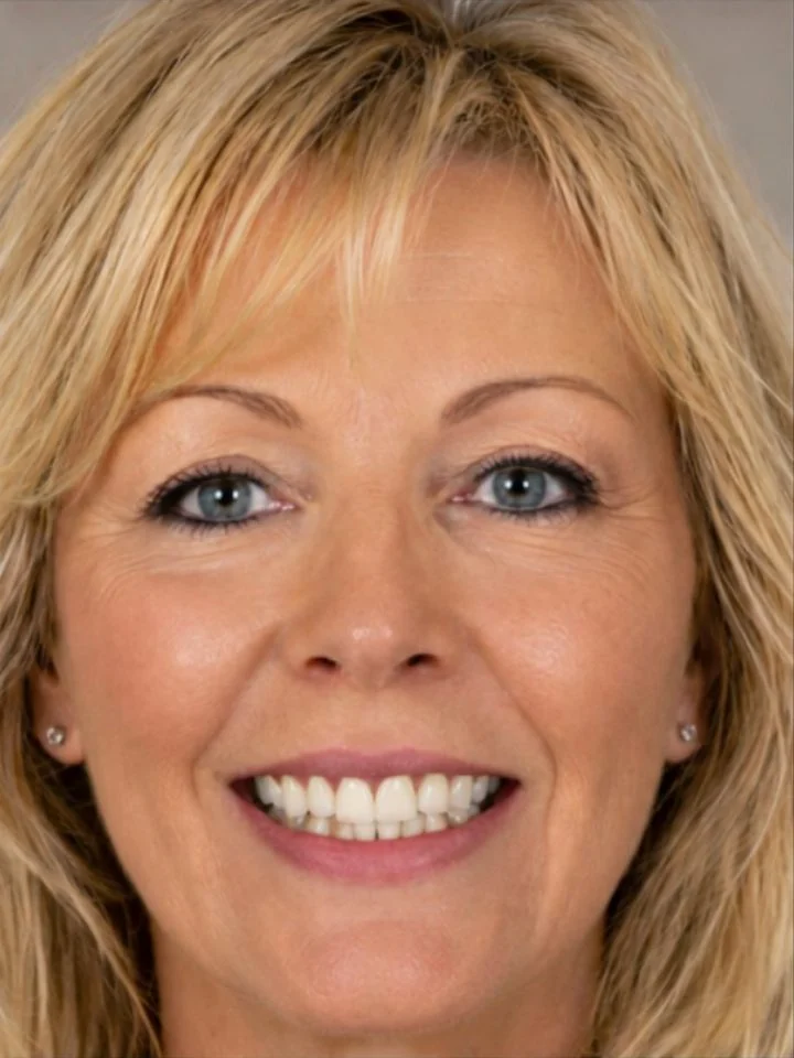 After: the same smile with the shape and shade harmonised, gums and lips unchanged.