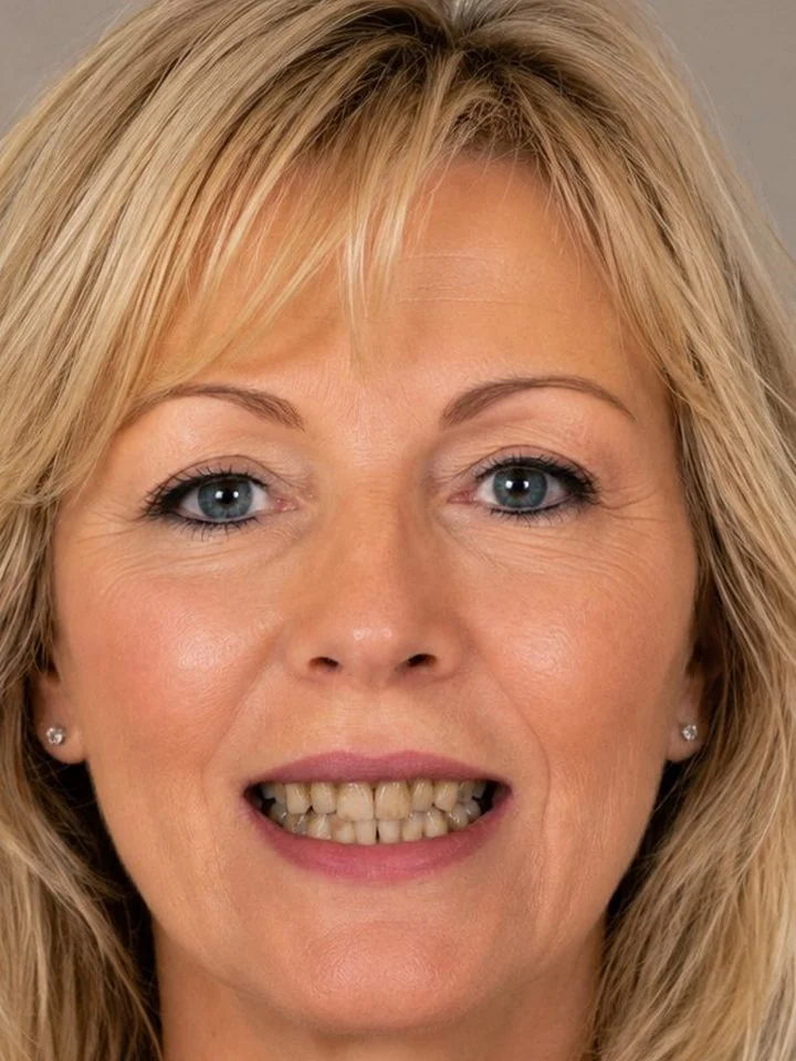 Before: the smile as photographed, with uneven tooth shape and shade.