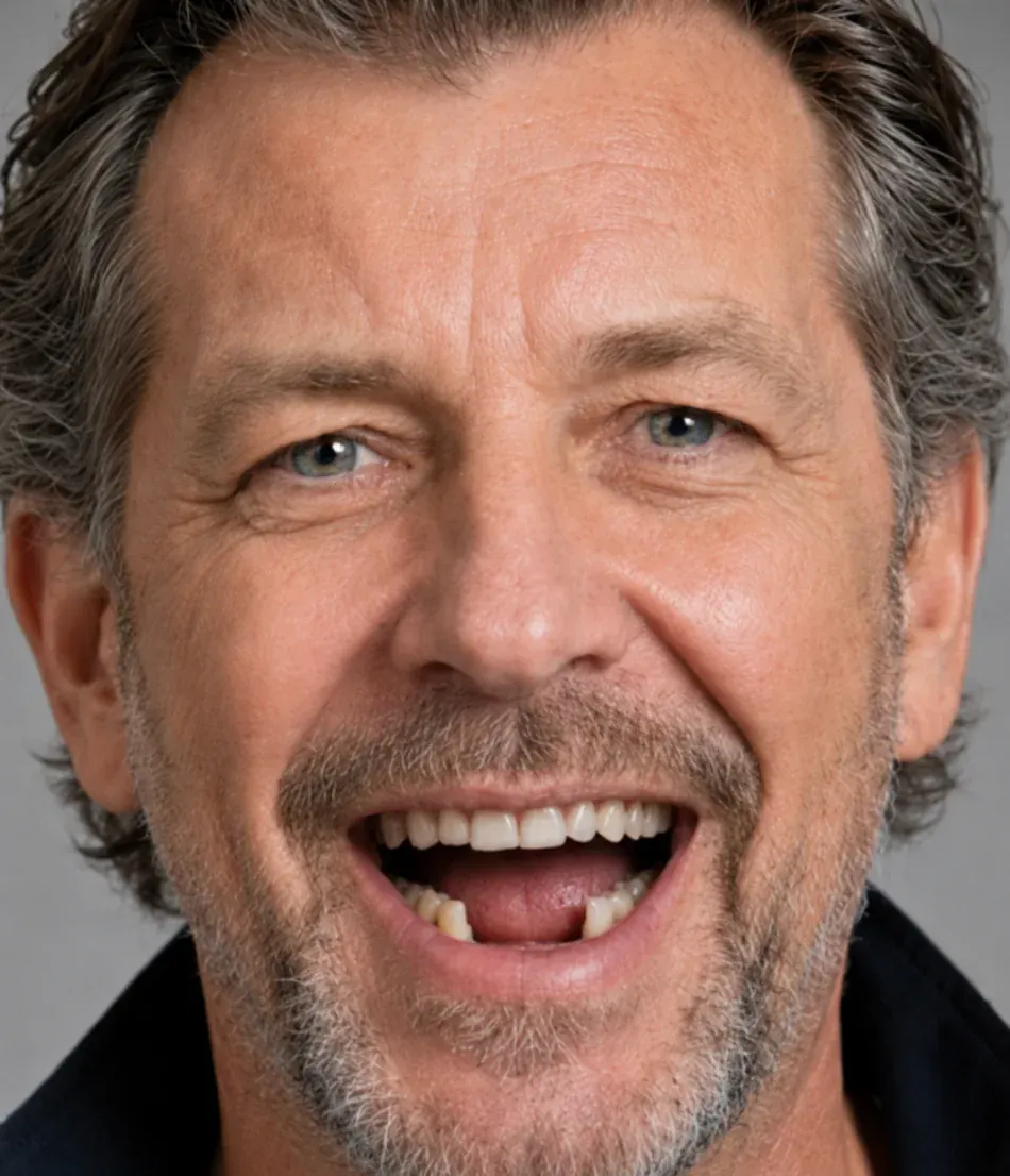 Before: the patient smiling with upper teeth missing.