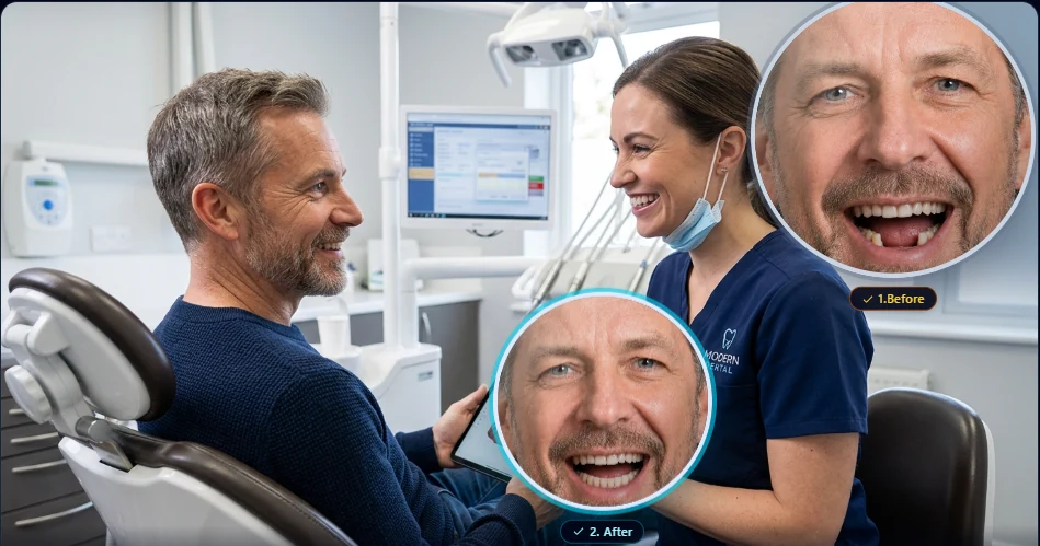 A patient sitting in the dental chair holding a tablet, talking with the clinician, and beside them two circular views of his own smile: labelled Before, with missing upper teeth, and After, with the gap restored.